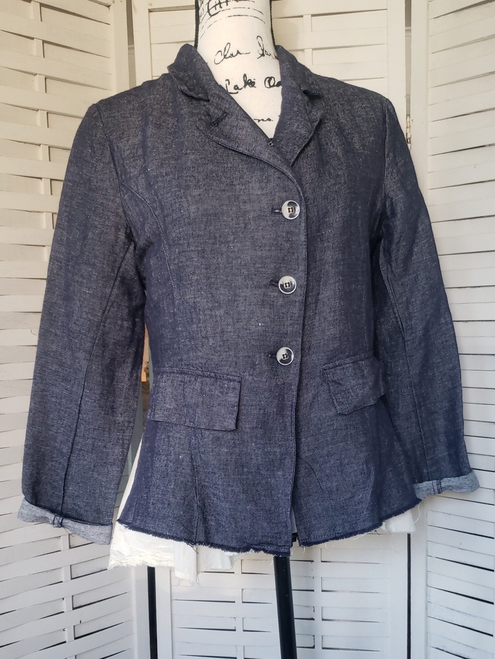 Amici By Baci Dark Blue Women's Tailored Button-Front Jacket Distress Size M
